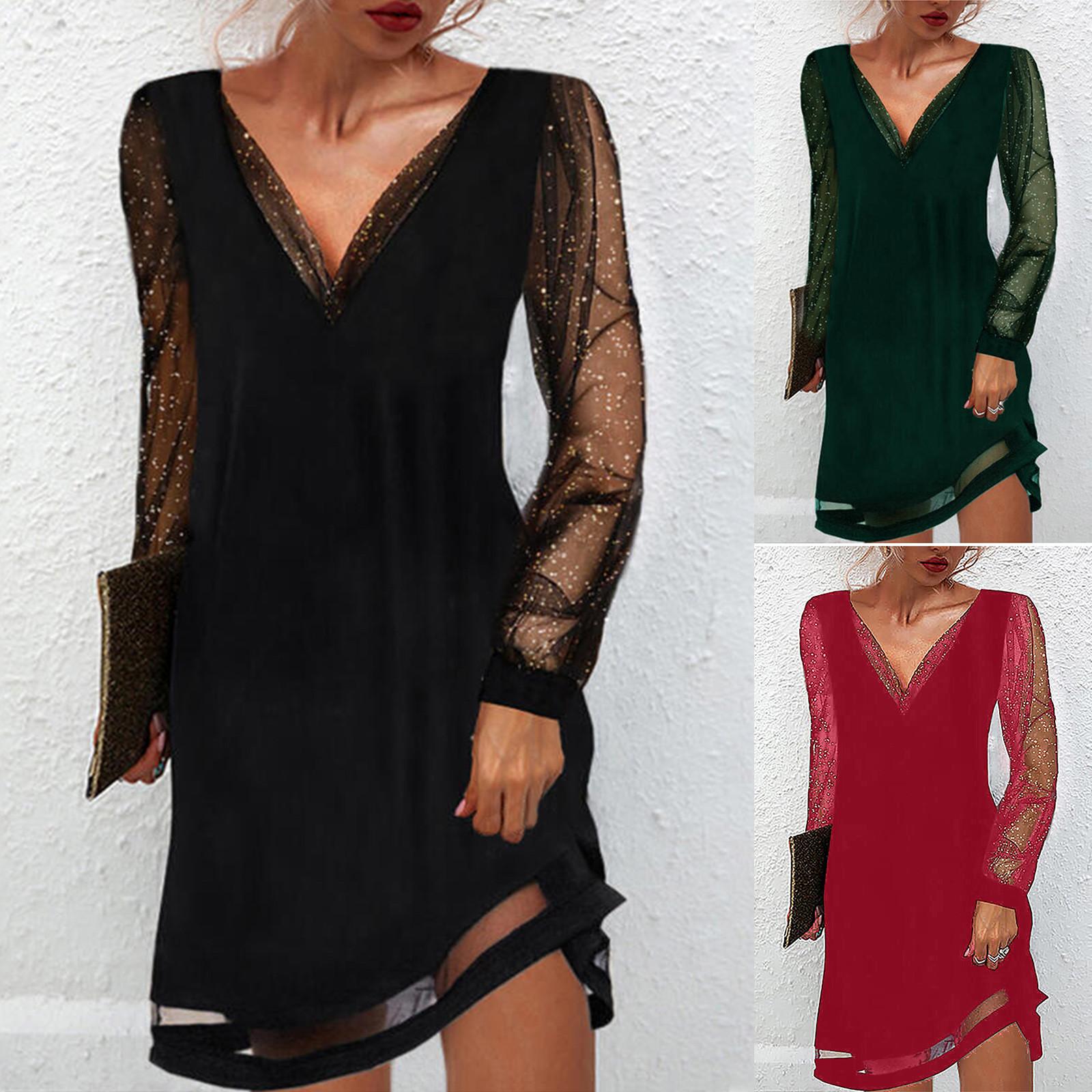 

Женское осенне-зимнее однотонное кружевное платье-пуловер с V-образным вырезом и длинными рукавами