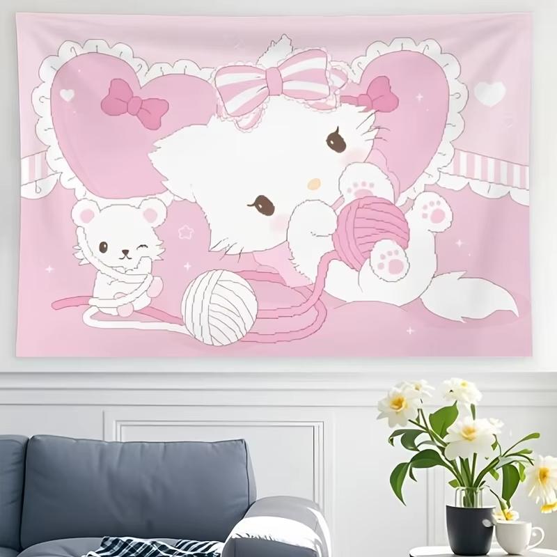 Pink Kitty Mouse Yarn Tapestry 2D Single Print Cute Home Decor Soft Accessory Charming Functional GirlThemed Attractive Durable