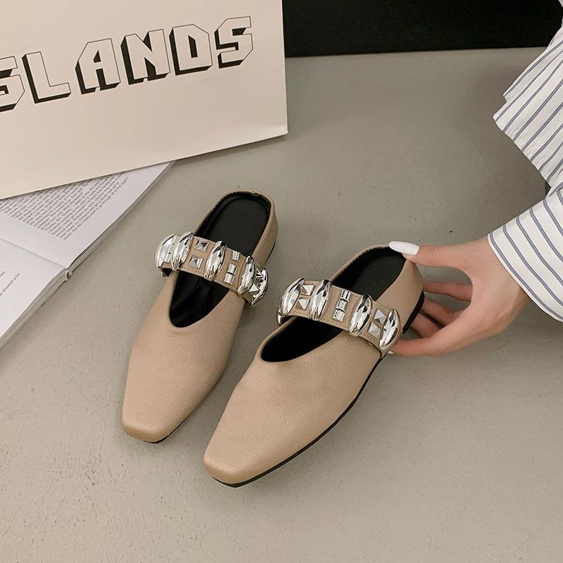 Niche Design Sense Mary Jane Small Leather Shoes Women's Shoes Metal Decoration Shallow Mouth Round Head Flat Heel with Half Drag