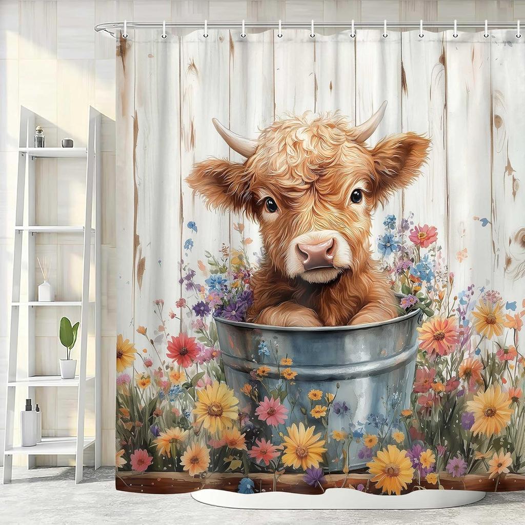 JAWO Cow Shower Curtain, Farmhouse Rustic Floral Funny Highland Cow Shower Curtains for Bathroom, Western Cute Calf Country Farm Animal Bathroom