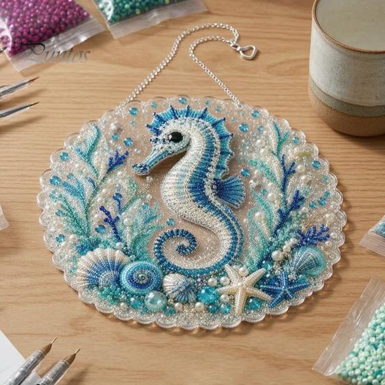 Beach Style Home Decor Coastal Faux Pearl Painting Kit, Ocean Theme Art DIY Sparkling Gemstone Crafting Sea Animal Ornament Craft Kit for Adults