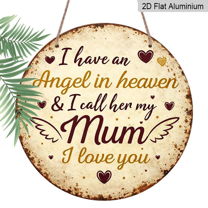 

2D Flat, 1pc Round Aluminum Memorial Sign, Retro Plaque about Heaven Angel Mom , I Love You Mom Decor Sign, Heart & Wing Design, Perfect for 7.87x7.87in