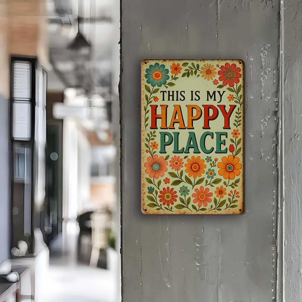 "Happy Place Welcome" Rustic Metal Sign, 8x12 Inch.