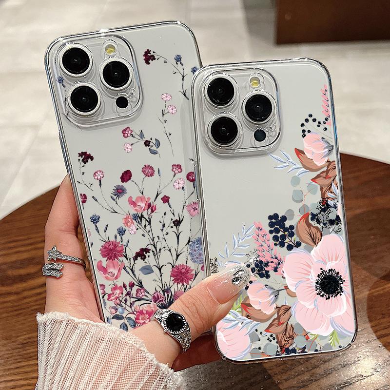 For iPhone 15 Pro Max 14 13 Pro 12 11 Phone Cover Beautiful Floral Pattern Clear Shockproof Slim PC Hard Case