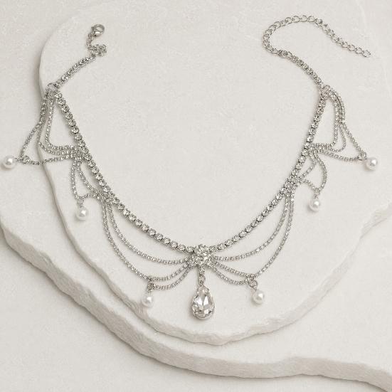 Sparkling Rhinestone Choker, Faux Diamond Drop Pendant Necklace, Multi-Layered Rhinestone Chain Choker with Faux Pearl Charms for Women Cocktail