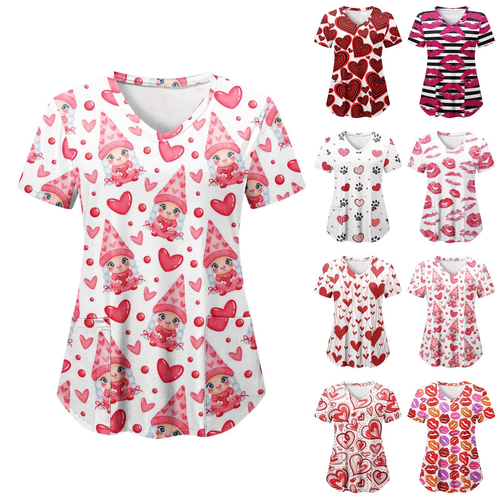

Women Valentine s Day Printing Short Sleeve V-neck Tops Working Uniform Pocket Blouse