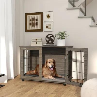 PawHut Wooden Indoor Dog Crate with One Door, Grey