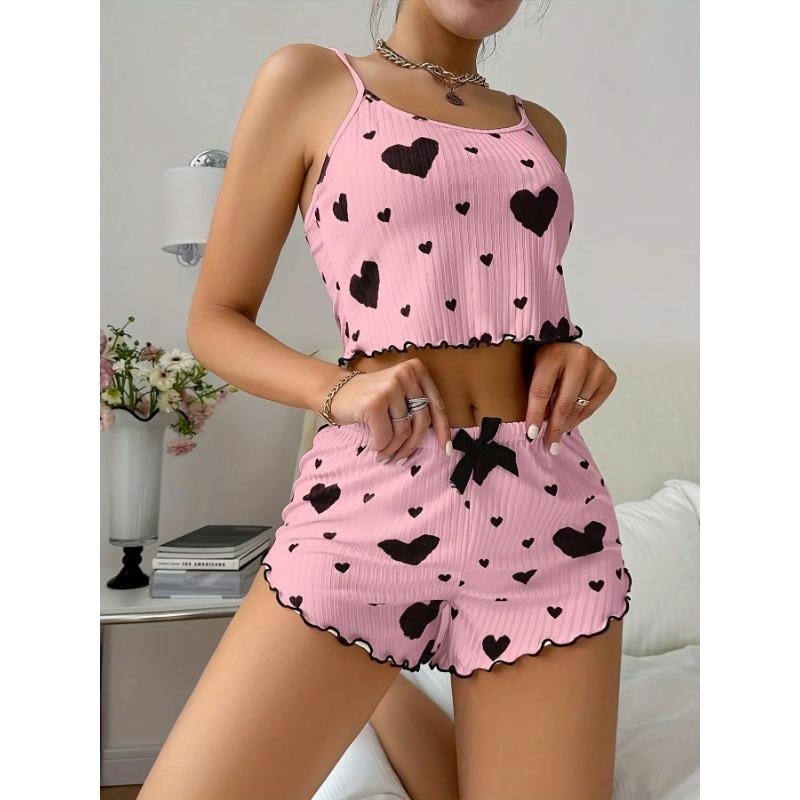

Черный пижамный комплект с принтом в виде сердца для женщин, нижнее белье, одежда для сна, повседневный укороченный топ с круглым вырезом и открытой спиной, комплект с шортами, домашняя одежда S розовый