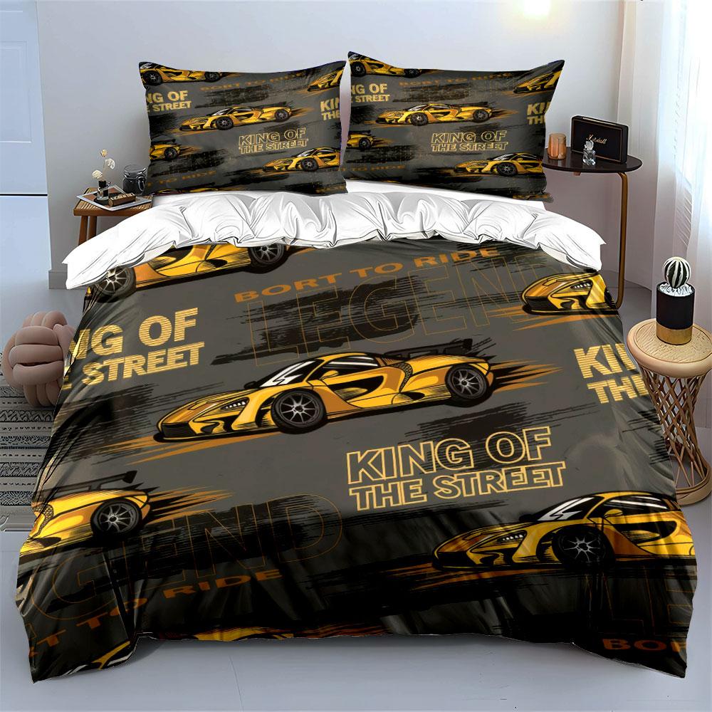 Golden Racing Car Streetwear Design kid's and adults' bedroom decor, Exquisite three-piece bedding set gift