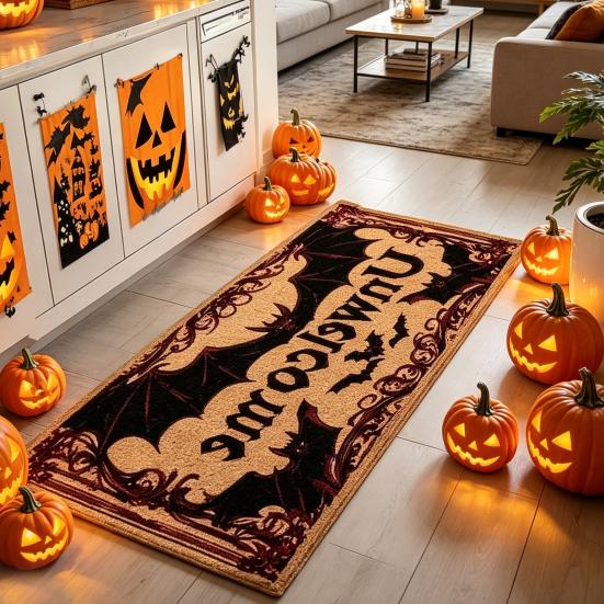 Yousheng Halloween Kitchen Rug, Pumpkin Bat Black Cat Non-slip Floor Mat, Spooky Entrance Rug, Festive Decorative Rug for Bedroom Living Room