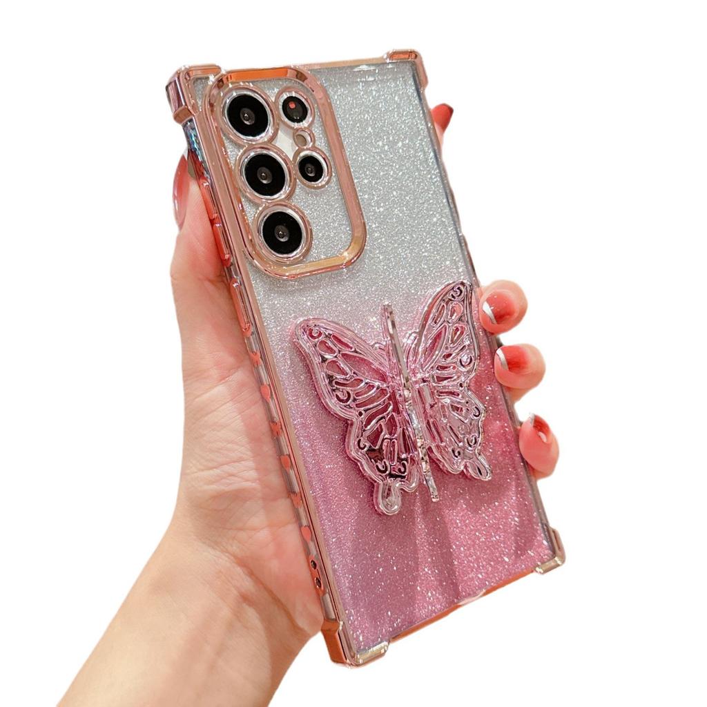 Applicable to Samsung S24Ultra mobile phone case electroplating anti-drop space case gradual change glitter paper butterfly bracket protective case
