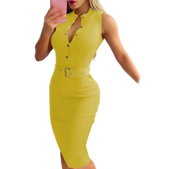 Γυναικείο Φόρεμα για Μετακίνηση Στενή Εφαρμογή με Ζώνη και Ψηλή Μέση, Στάσιμο στο Στάθμη, V Λαιμόκοψη, Αμάνικο, Μισό Μονόπετο, Θήκη OL, Μέχρι το γόνατο, Επίσημο Γραφείο