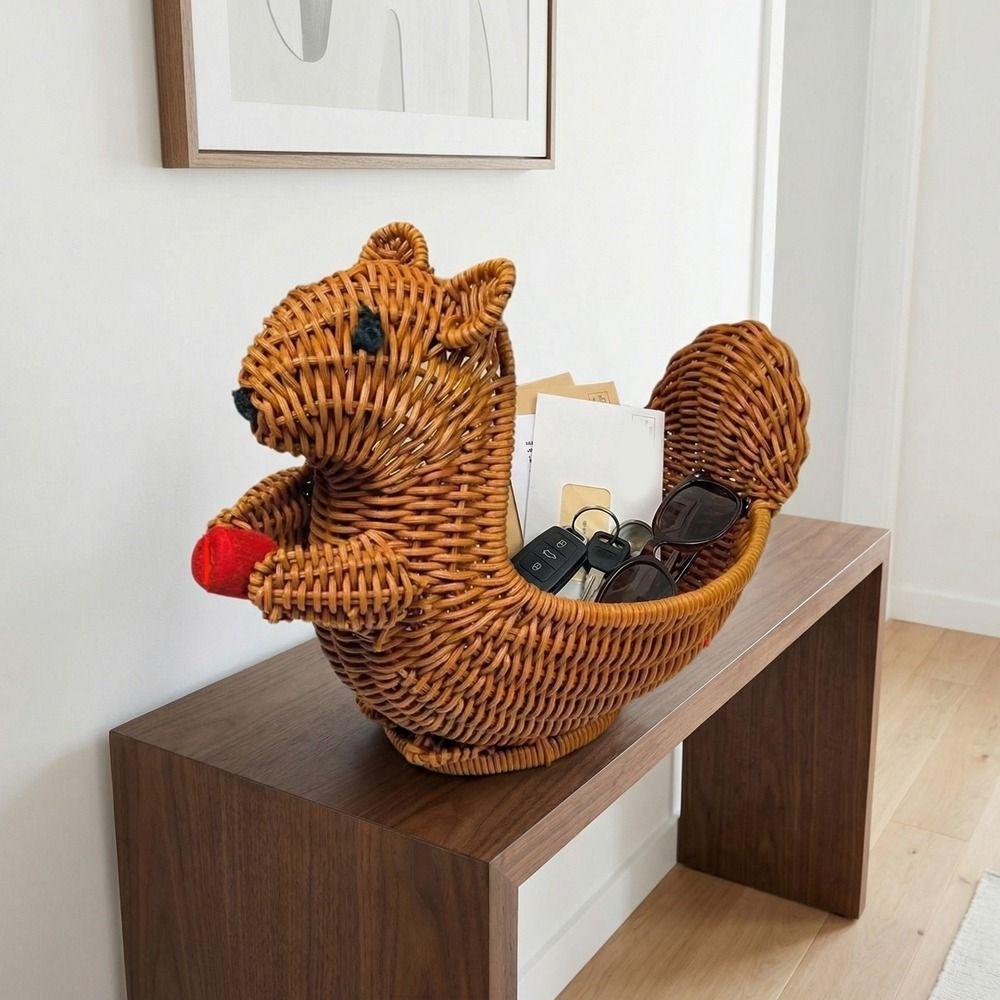 Ručně pletený úložný košík ve tvaru veverky Dekorativní ratanový pletený košík na ovoce Domácí úložný prostor