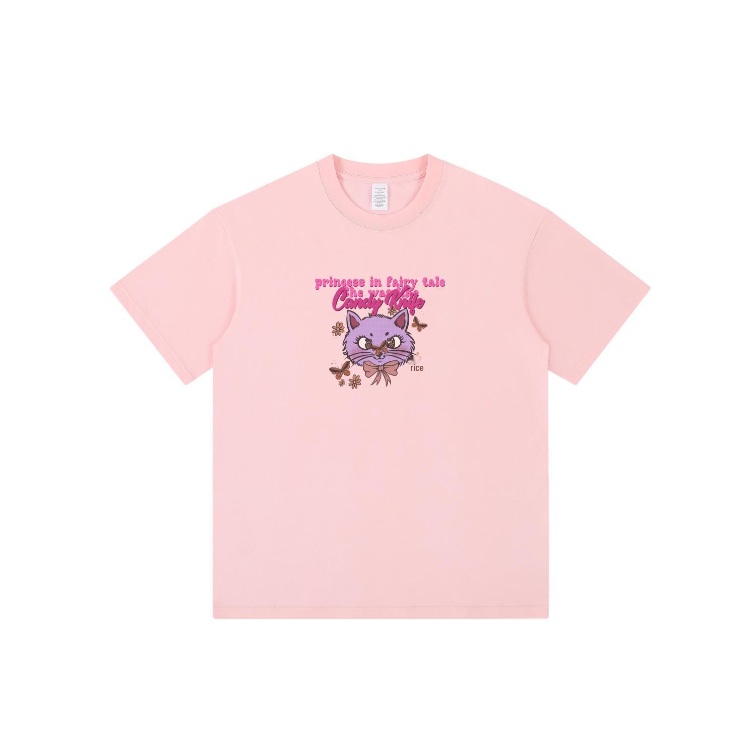 

Unisex Retro Cartoon Cat Print Cotton T-Shirt - Loose Fit, Short Sleeve Large розовый