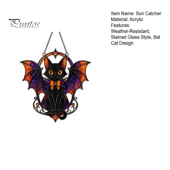 Cute Animal Themed Gift Halloween Bat Cat Suncatcher, Stained Glass Style Acrylic Sun Catcher, Gothic Home Wall Ornament Black Hanging for Window