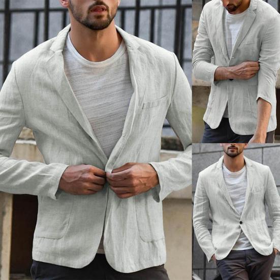 Men Autumn Solid Color Long Sleeve Pockets Cotton Linen Slim Blazer Coat Jacket