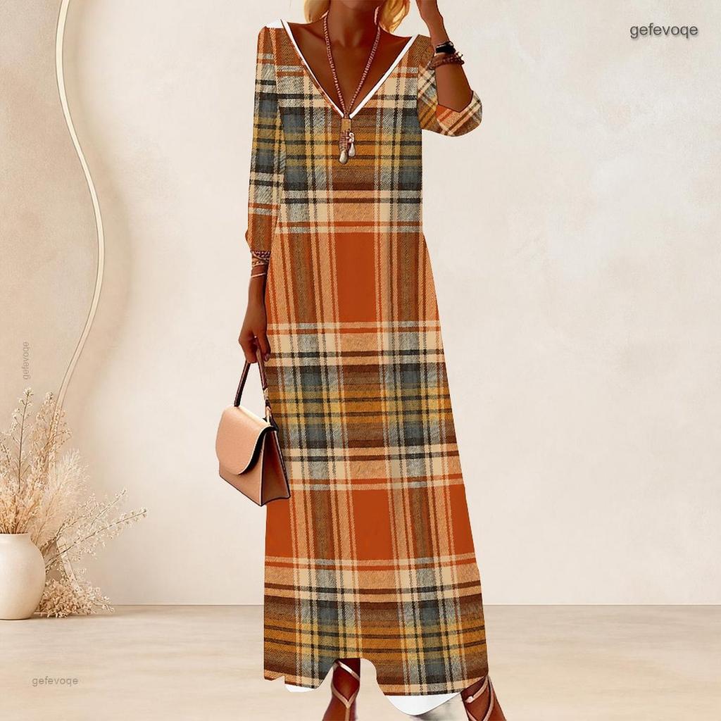 Women Plus Size V Neck Three Quarter Sleeve Polka Dot Printed Long Dress