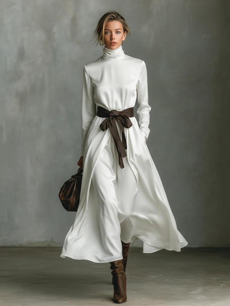 2025 Women's High Neck Long Sleeve Midi Dress with Color Block Belt