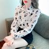 New 2024 Chinese Style Fashion Long Sleeve Office Lady Turn Down Collar Pocket Print Chiffon Blouse Shirt Women Tops Blouses Shirts J500