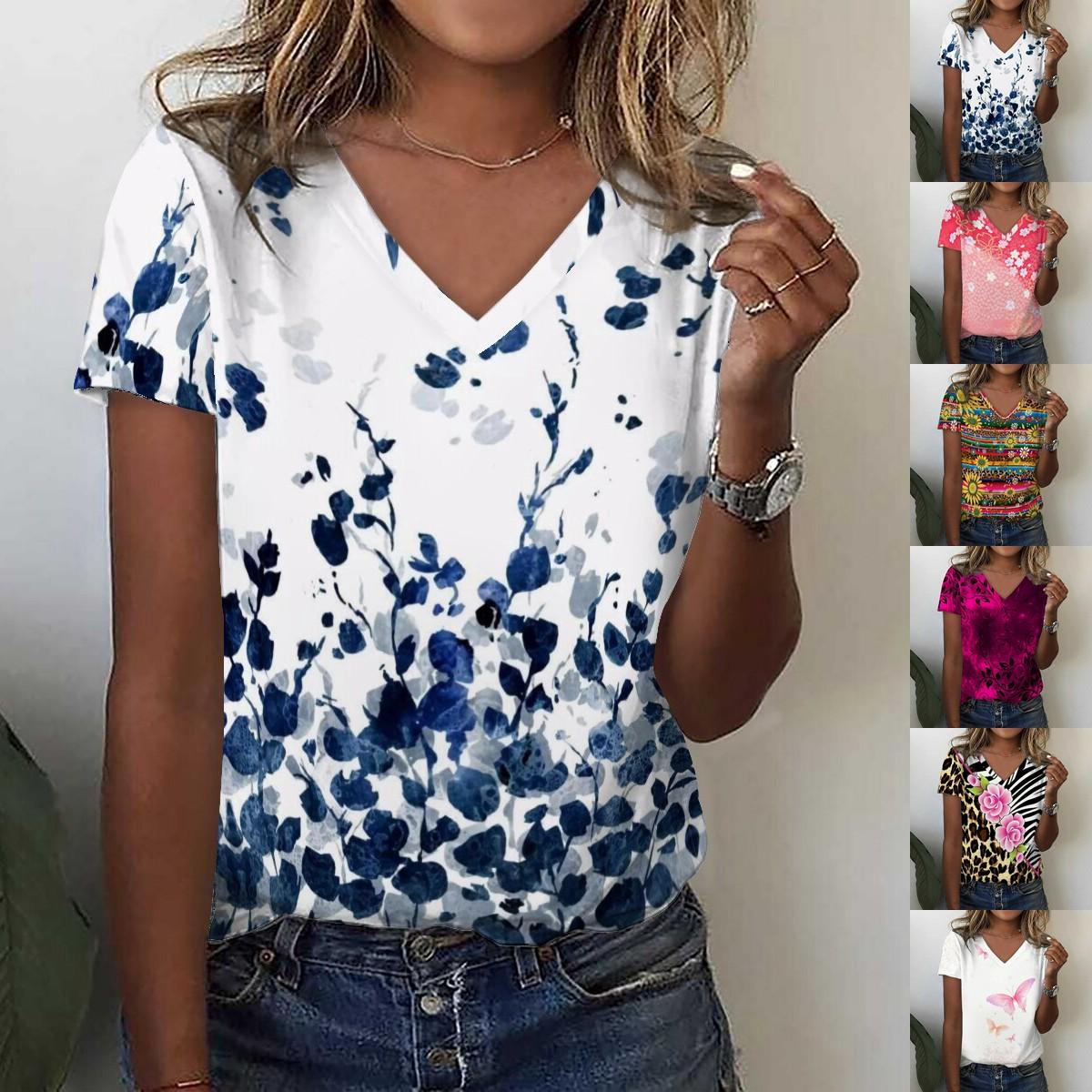

Летняя новая мода женская футболка с коротким рукавом с V-образным вырезом и коротким рукавом S-2XL S-2XL