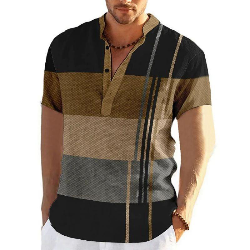 New Spring And Autumn Simple Color Matching 3D Digital Printing Stand-Up Collar Men'S Short-Sleeved Casual Shirt