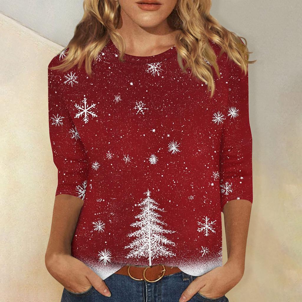Women's Fashion Casual Christmas Printed Round Neck Long Sleeve Pullover Top