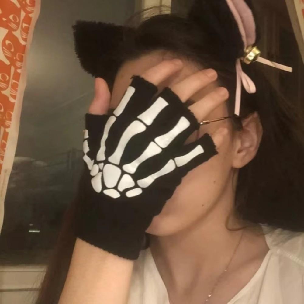 Black Halloween Skeleton Gloves Knitted Skull Half Finger Gloves Punk Skeleton Gloves  Moto Riding