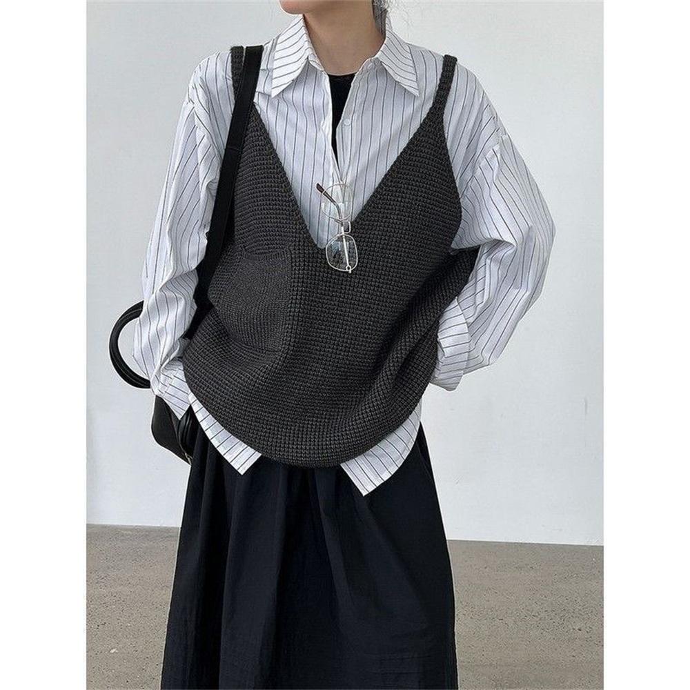 Women Black Gray Oversized Casual Knitting Vest New V Collar Sleeveless Sweater Fashion Spring Autumn Sweater Vests Clothes