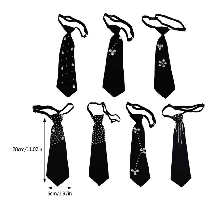 Rhinestones Embellished Necktie for Women Men Student Elegant Pre Tied Adjustable Black Ties for Uniform School Shirt