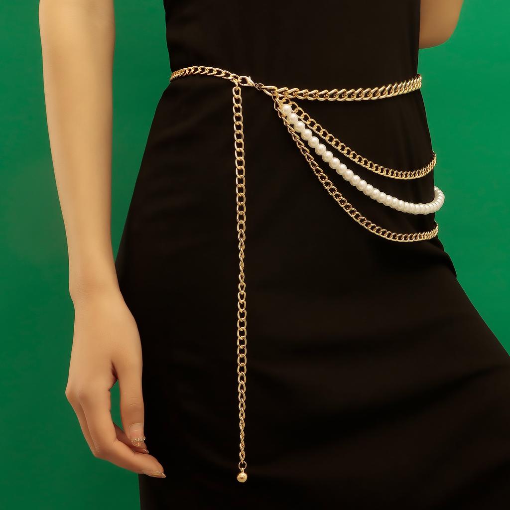 Europe, America, multi-layer thick aluminum chain beaded dress waist chain women, retro imitation pearl waist body chain