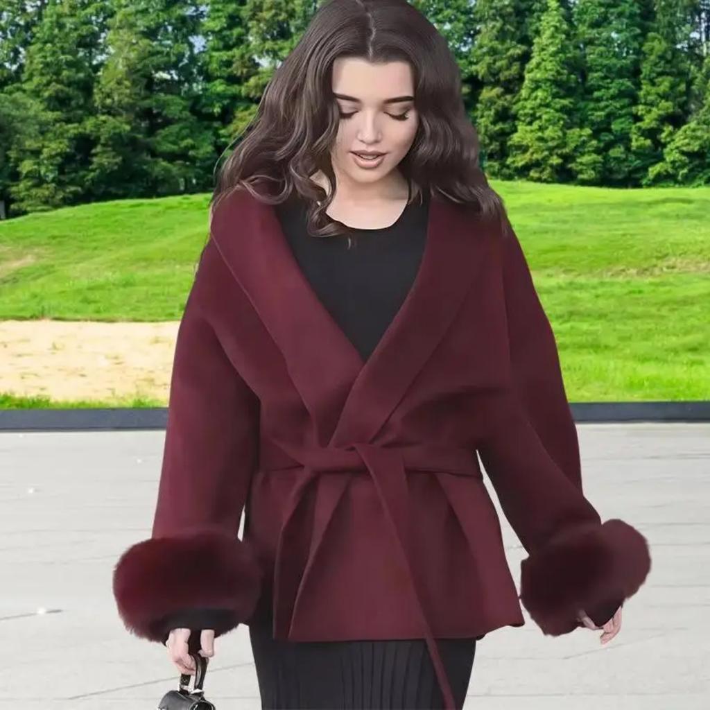 VAYLA Chic Lapel Plush Coat With Belt Women Vintage Solid Faux Fur Sleeve Tweed Open Coats Female Autumn Casual Street Outwear