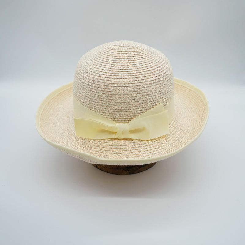 Small Fresh Bow Beige Curled Edge Small Straw Hat Women'S Summer Sunshade Sunscreen Vacation Beach Sun Hat Tide