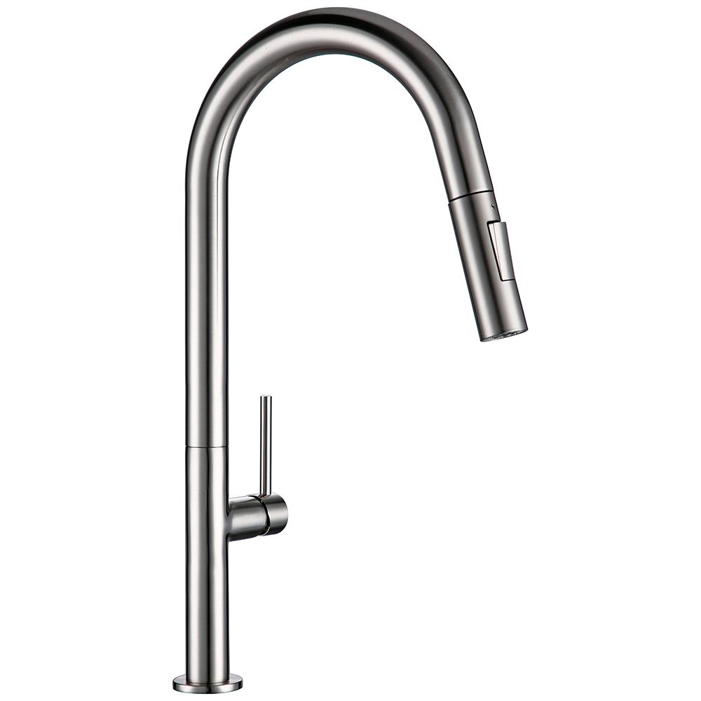 Kitchen Mixer Sink Tap Hot Cold Water Brushed Chrome and Black Stainless Steel 360 Degree Rotation Pull Out Brass Faucet