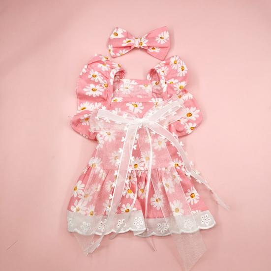 Yousheng Summer Dog Dress Cute Bow Hairpin Floral Print Elegant Outfit Breathable Casual Wear Bow-knot Lace Princess Dress Pet Cat Two-legged Clothing