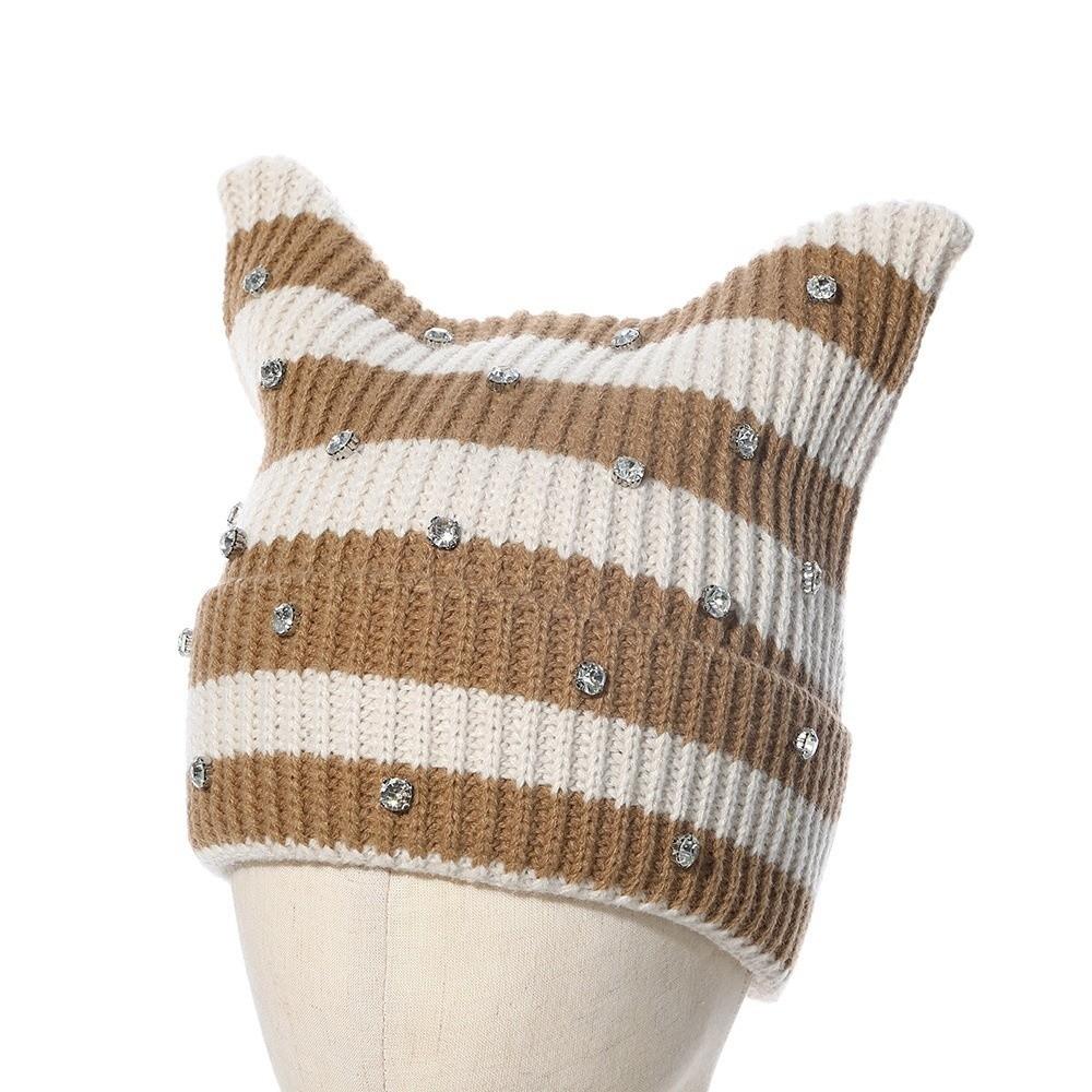 Yarn Cat Ear Beanie Stretchable Knit Striped Hat Gifts Knitted Beanie Hat Spring Autumn Winter
