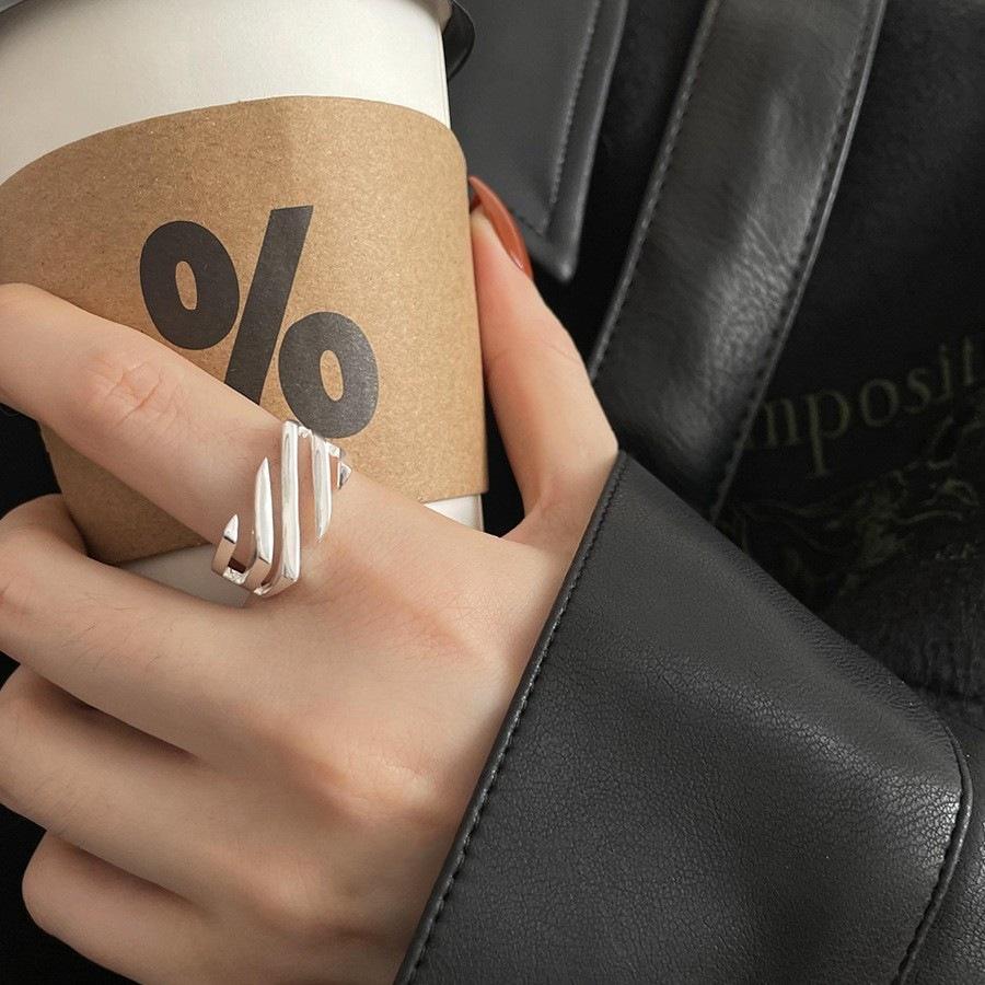 

925 Sterling Silver Geometric Black Stone Rings For Women Men Simple Korean Fashion Open Adjustable Handmade Ring Couple Gifts resizable