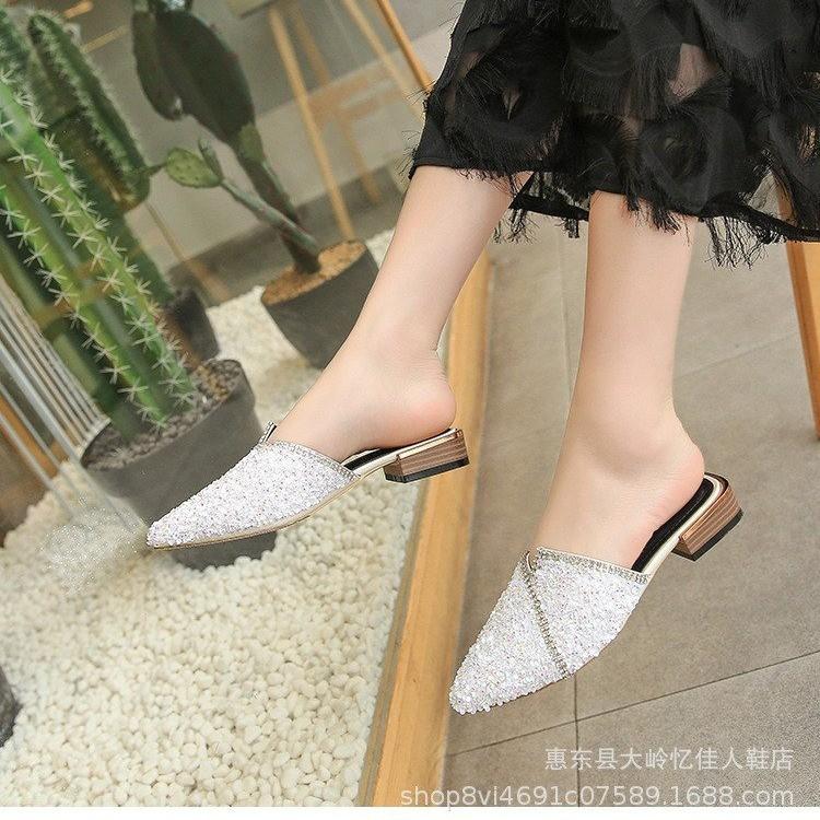 2025 New High-heeled Hot Diamond Bag Head Slippers Pointed Thick Heel Sexy Slippers Women's Catwalk Women's Shoes Wear Cool Slippers