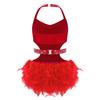 Girls Latin Dance Costume Sparkly Rhinestones Halter Leotard with Feather Skirt for Performance