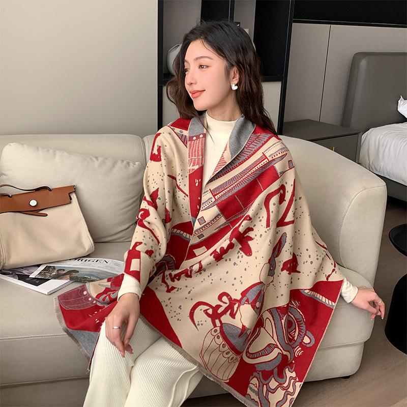 Winter Festive Red Imitation Cashmere Scarf for Women New Fashion Versatile Rui Rabbit Scarf Plus Velvet Warm Korean Style Shawl