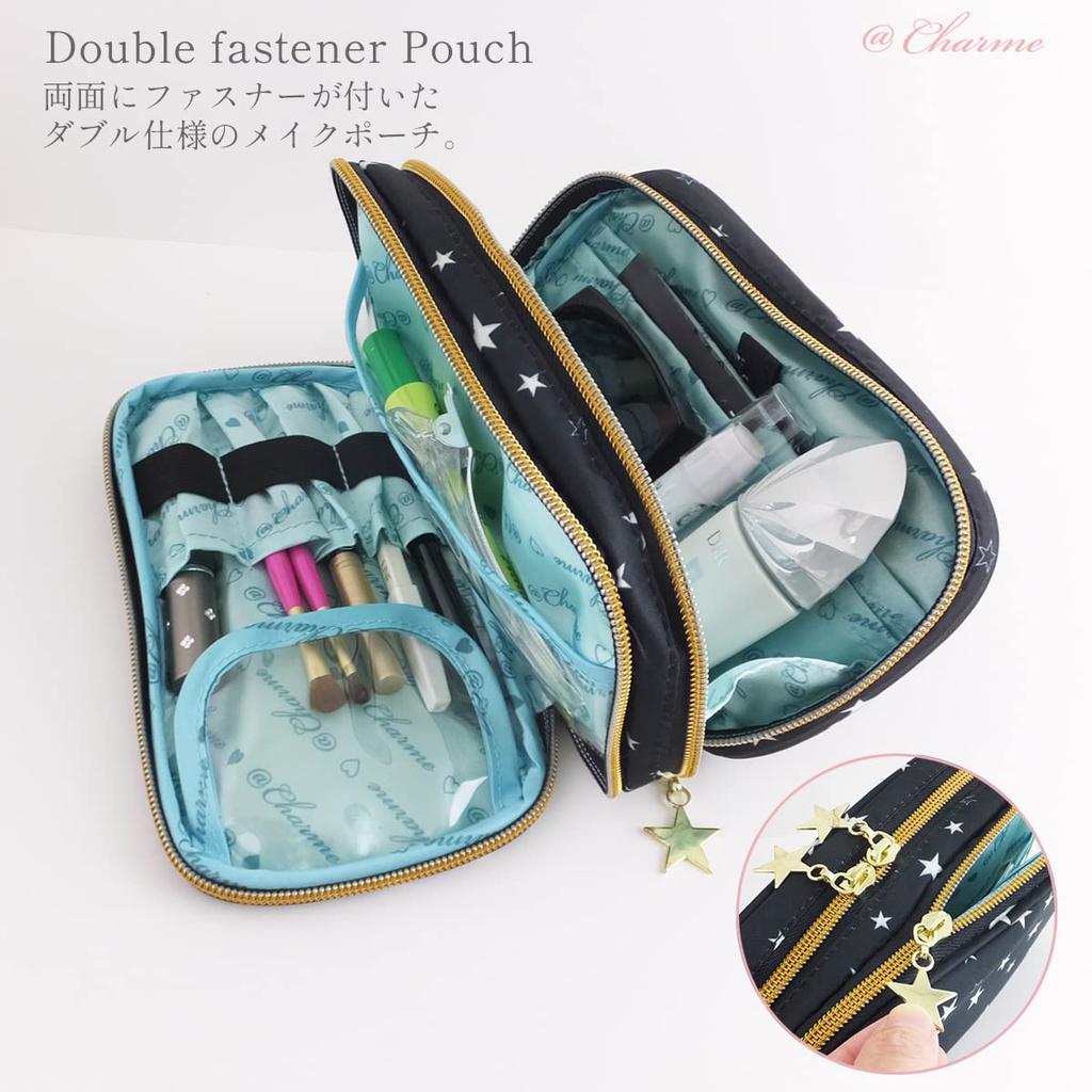 AtFirst Makeup Large Star AF8282 Pouch, Capacity, Two-Layered Design, Black, Pattern,