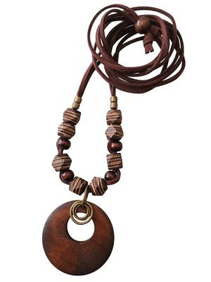 Leather Necklace Wooden Parts Metal Natural Antique Taste Striped Pattern Brown Wood Made In [flower Storm] & (Accessories Japan)