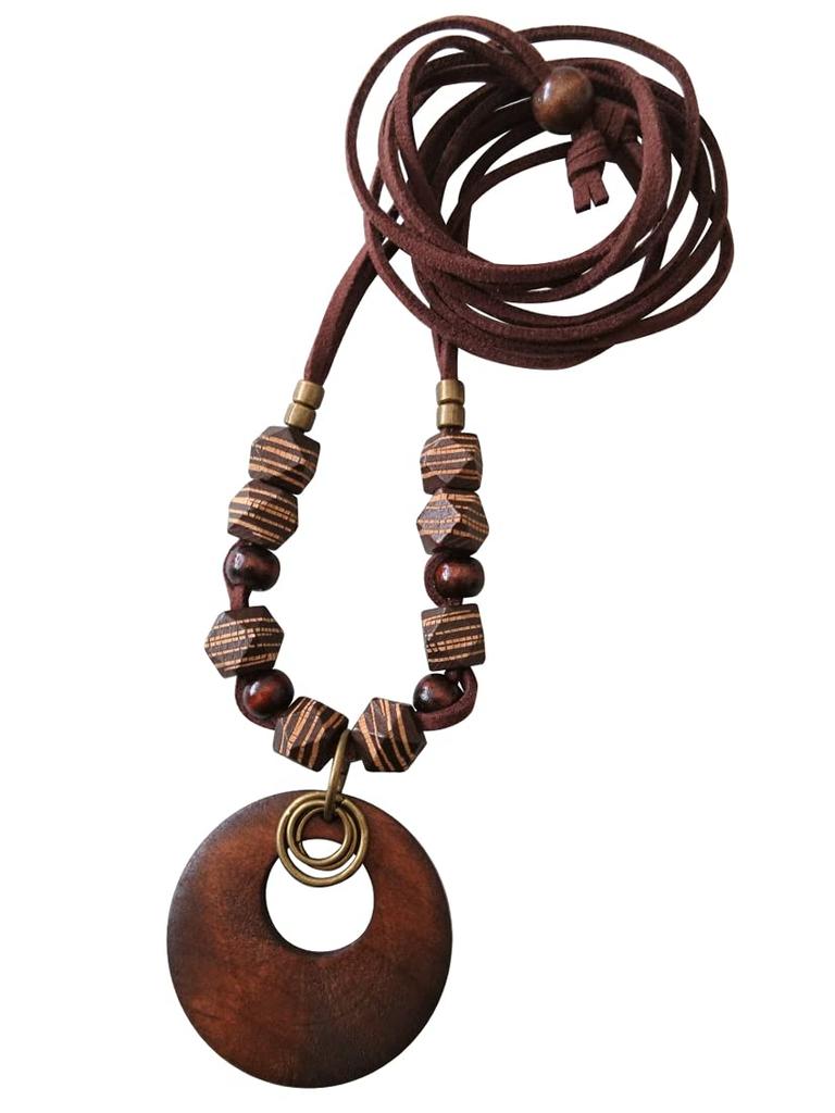 Leather necklace Wooden parts metal natural antique taste Striped pattern brown Wood Made in [flower storm] & (Accessories Japan)