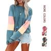 Women's Color Block Striped Patchwork Long Sleeve Crew Neck Sweatshirt Casual Loose Fit Pullover Top