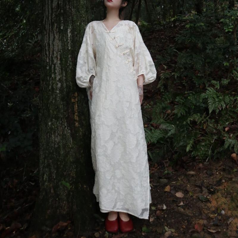 Neo-Chinese Style Jacquard and Frog Button Dress Set for Women Including a Long Waist-cinching Dress Temperament and a Cardigan Two-piece Set
