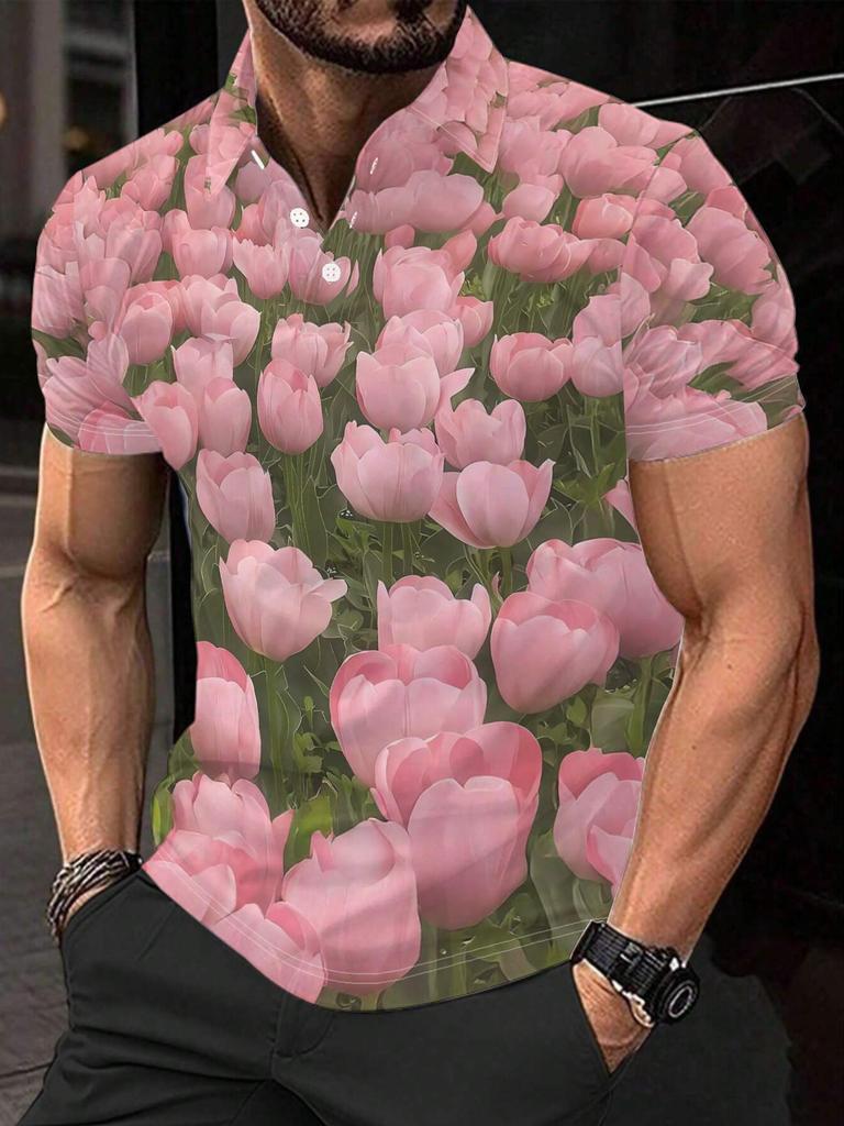 Men's Short-Sleeve Polo Shirt with Full-Body Pink Tulip Print - Button-Up Lapel Collar, Casual Summer Beachwear Suitable for Dates, Vacations, Gift -