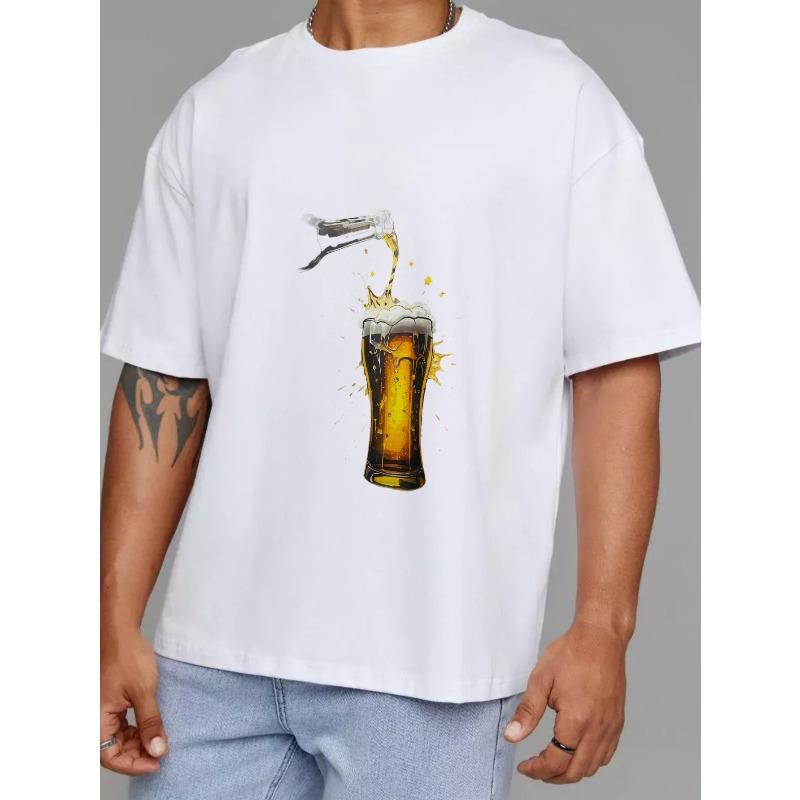 Weißes T-Shirt Bier Einschenken Grafikdesign Freizeitkleidung für Herren Sommeroutfits Partykleidung