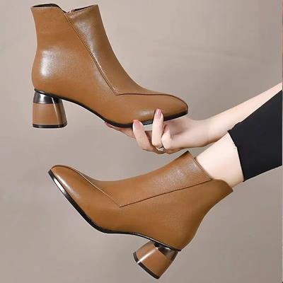 Fashion Autumn Winter Woman Short Shoes Elegant with Medium Heels Fleece-Lined Ankle Boots for Women Leather Pointed Toe Chic Booties