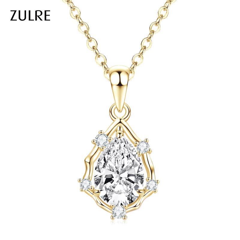 Elegant Shiny Gold Plated 7x10mm Pear Round Cubic Zirconia V-Neck Collarbone Chain Teardrop Pendant Necklace for Women