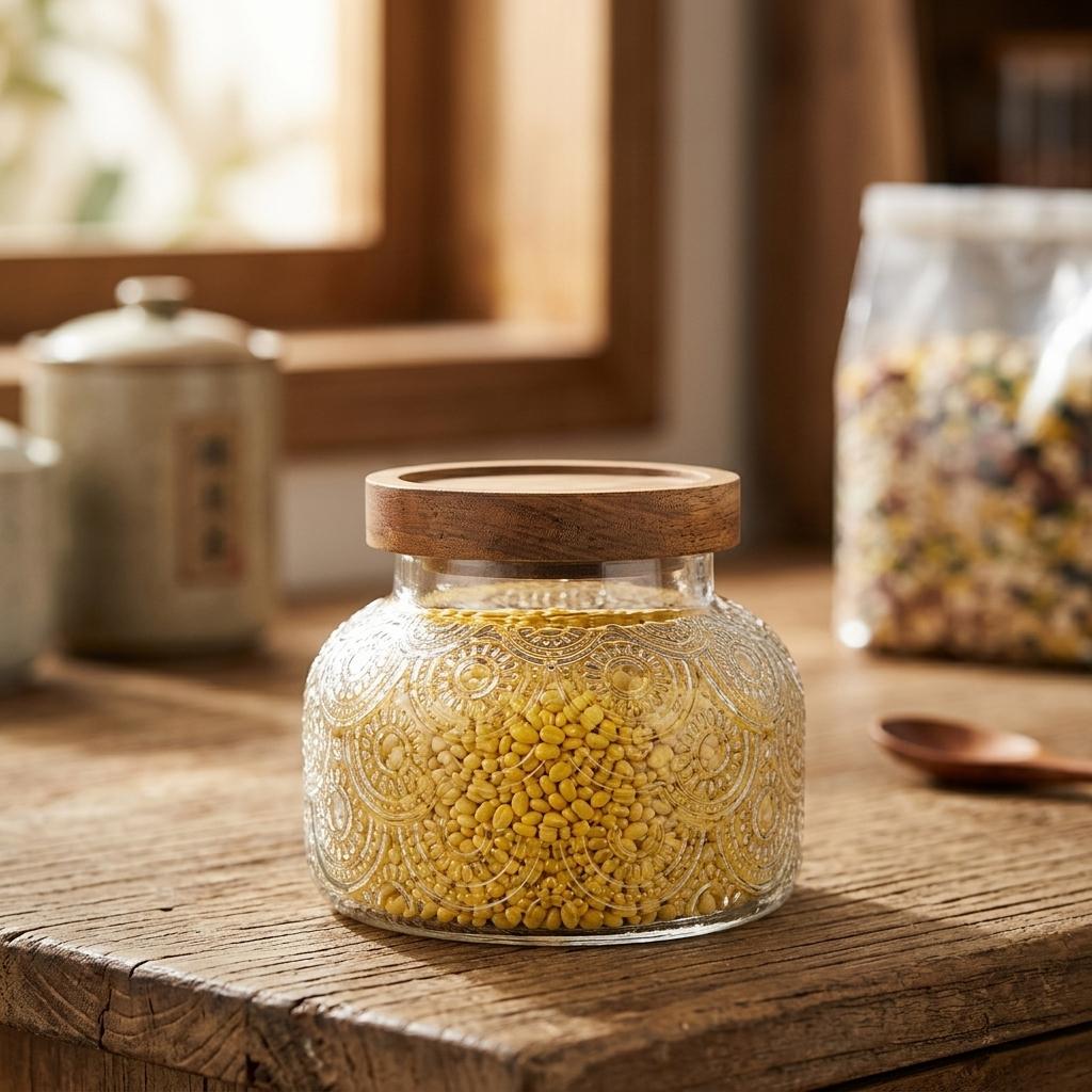 Elegant Food Storage Jar Embossed Glass Canister for Kitchen Organization Airtight Wooden Lid Coffee Tea Nut Container
