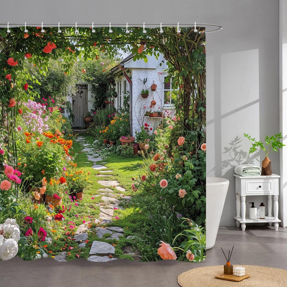 Outdoor Garden Poster Shower Curtain Vintage Window Wall Growing Floral Plants Polyester Fabric Shower Curtains Bathroom Decor